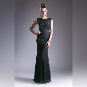 Black Cap Sleeve Beaded Lace Evening Gown Style #: KC1736
